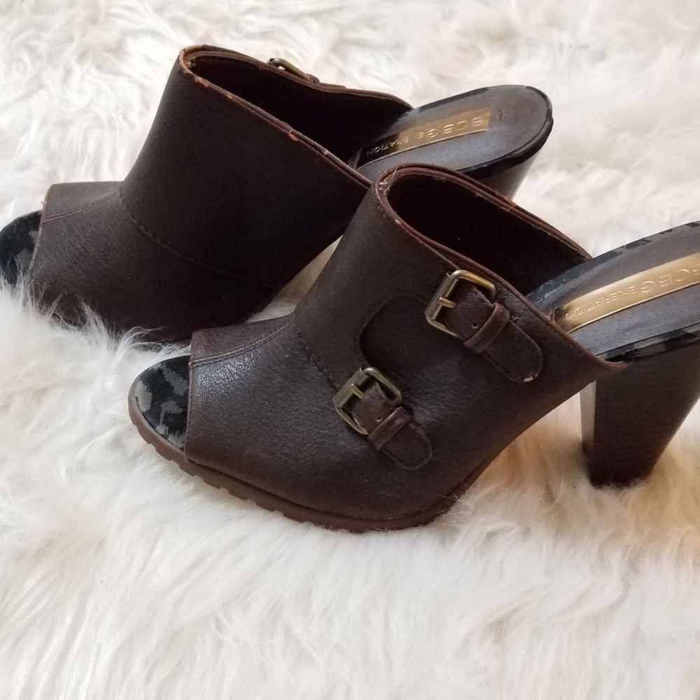 BCBG Brown Peep Toe Mules